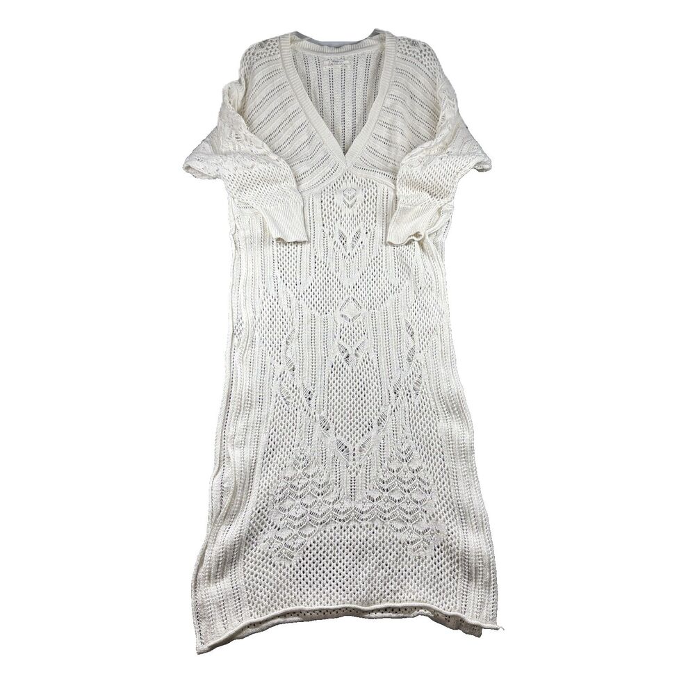 Anthropologie Women Open Stitch Side Slit Tunic Sweater Crochet Ivory Large M273